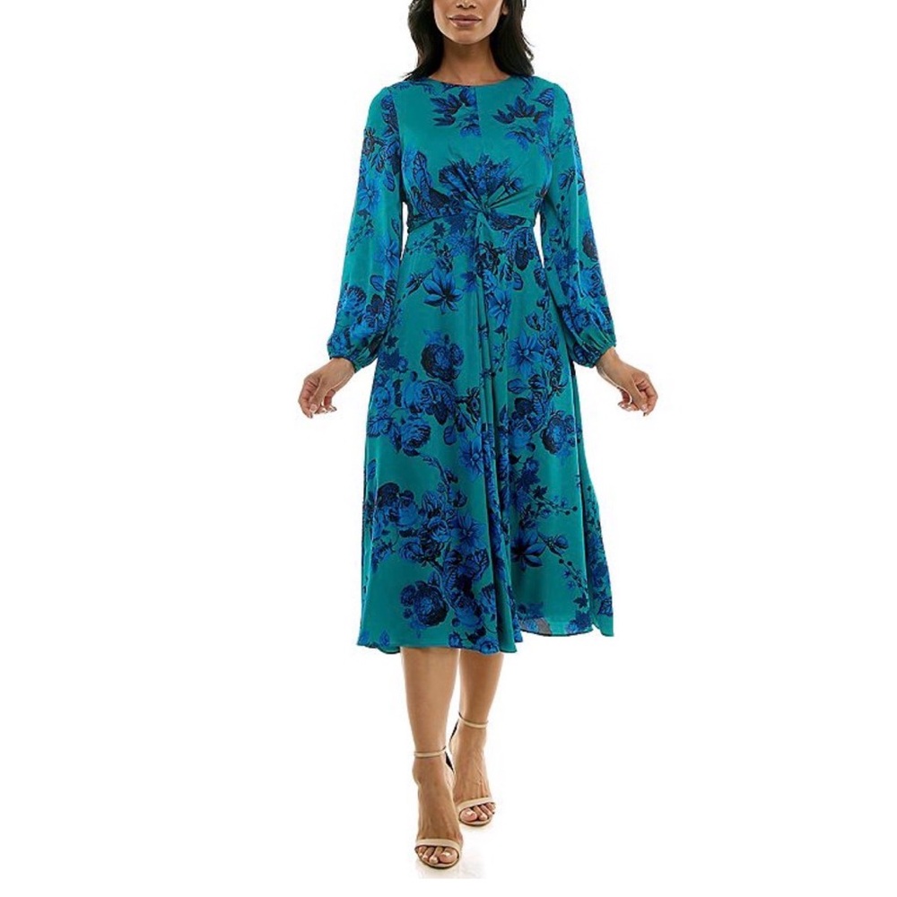 Maison Tara Teal and Navy Floral Long-Sleeve Midi Dress with Waist Tie